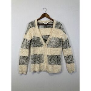 Charming Charlie Cardigan Womens Small Cream Black Striped Eyelash Knit Fuzzy